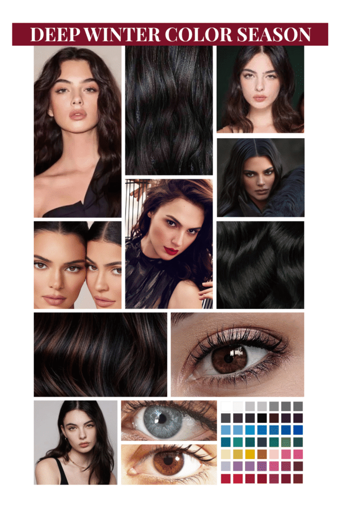 Deep Winter hair, eyes, color palette, celebrities